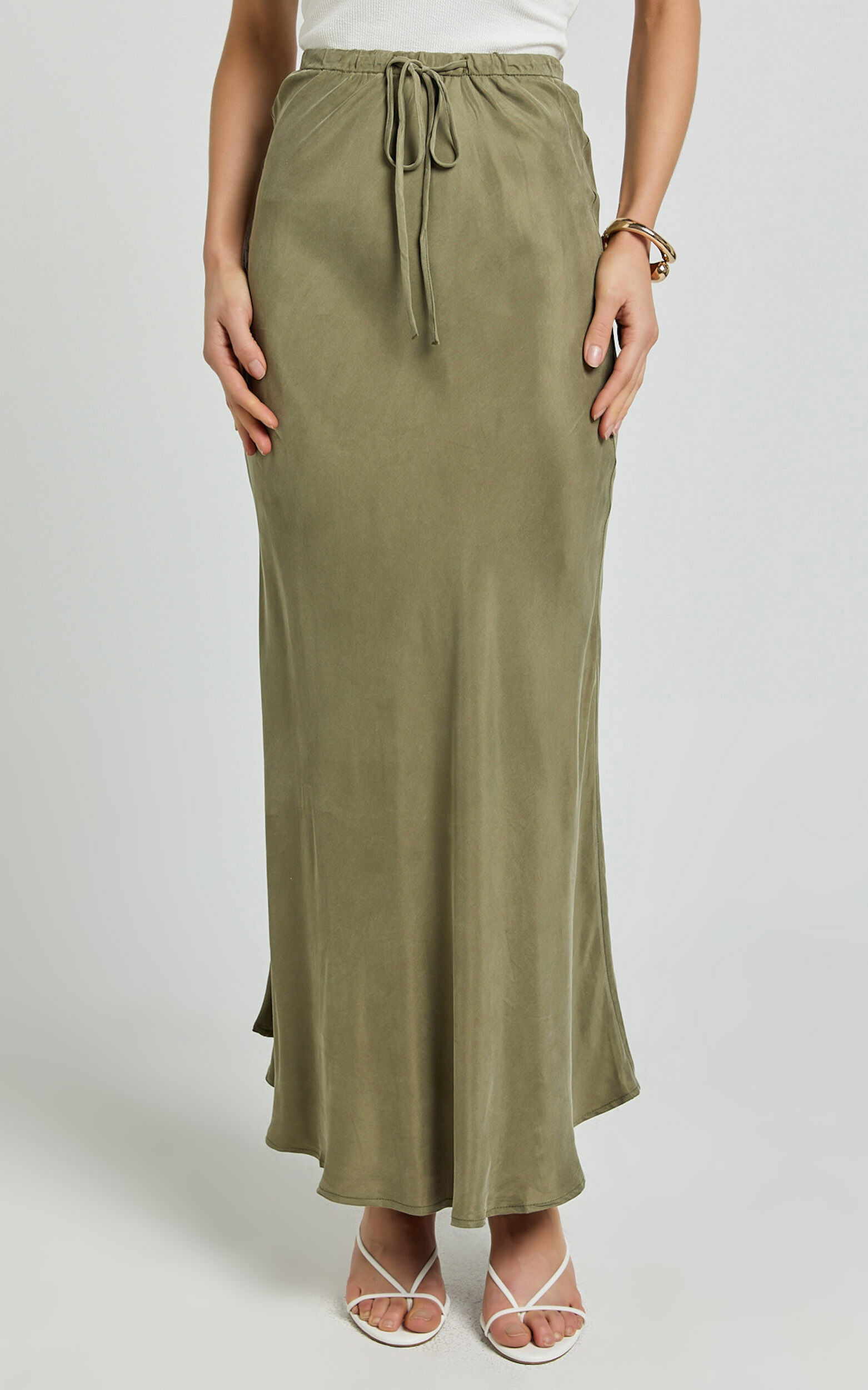 Wilhelmine Maxi Skirt Cupro High Waisted Drawstring Slip Skirt in Moss Showpo EU
