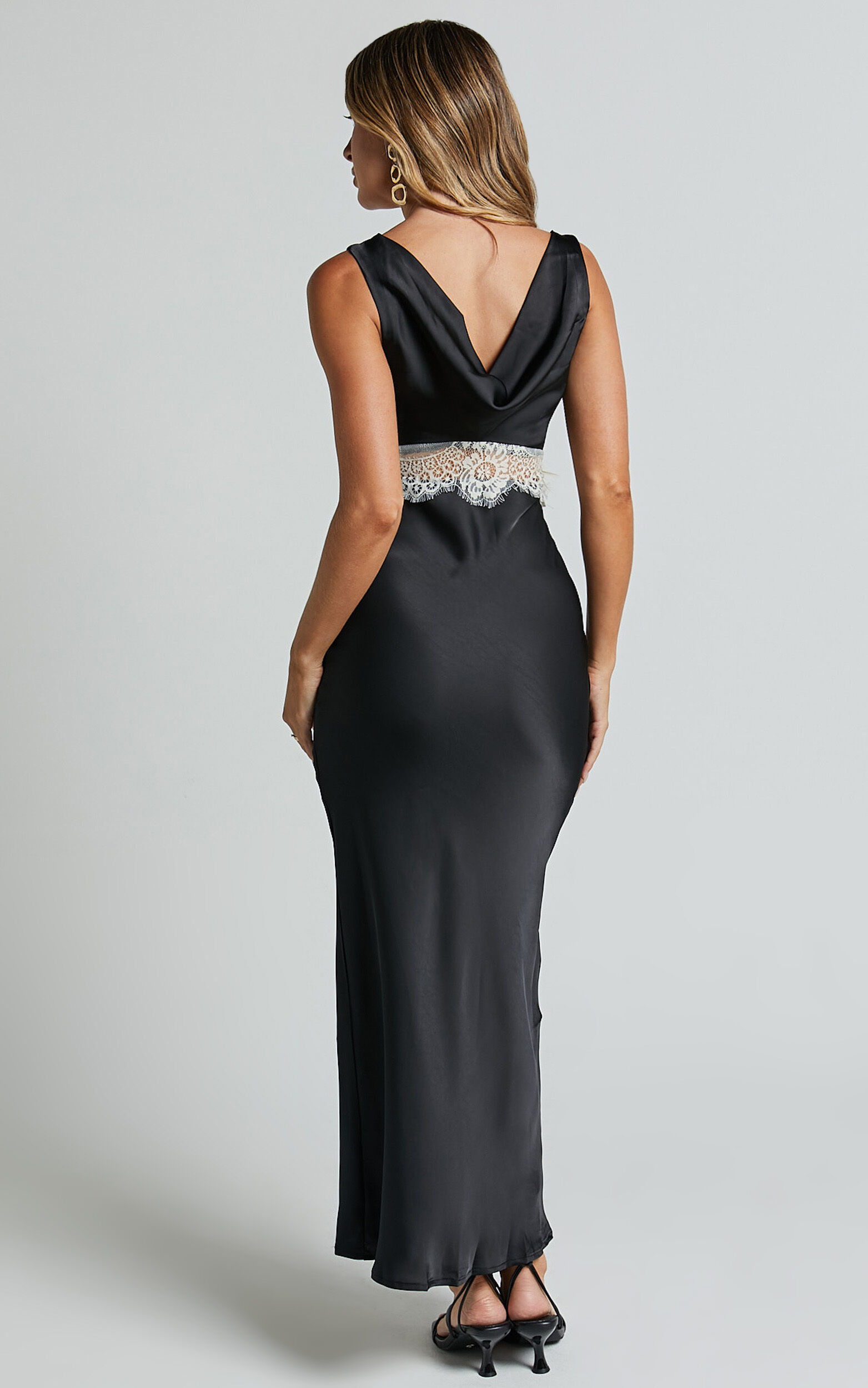 Juliet Midi Dress - V Neck Lace Insert Satin Slip Dress in Black/Beige ...
