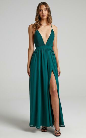 Shes A Delight Midi Dress - Plunge Thigh Split Dress in Emerald