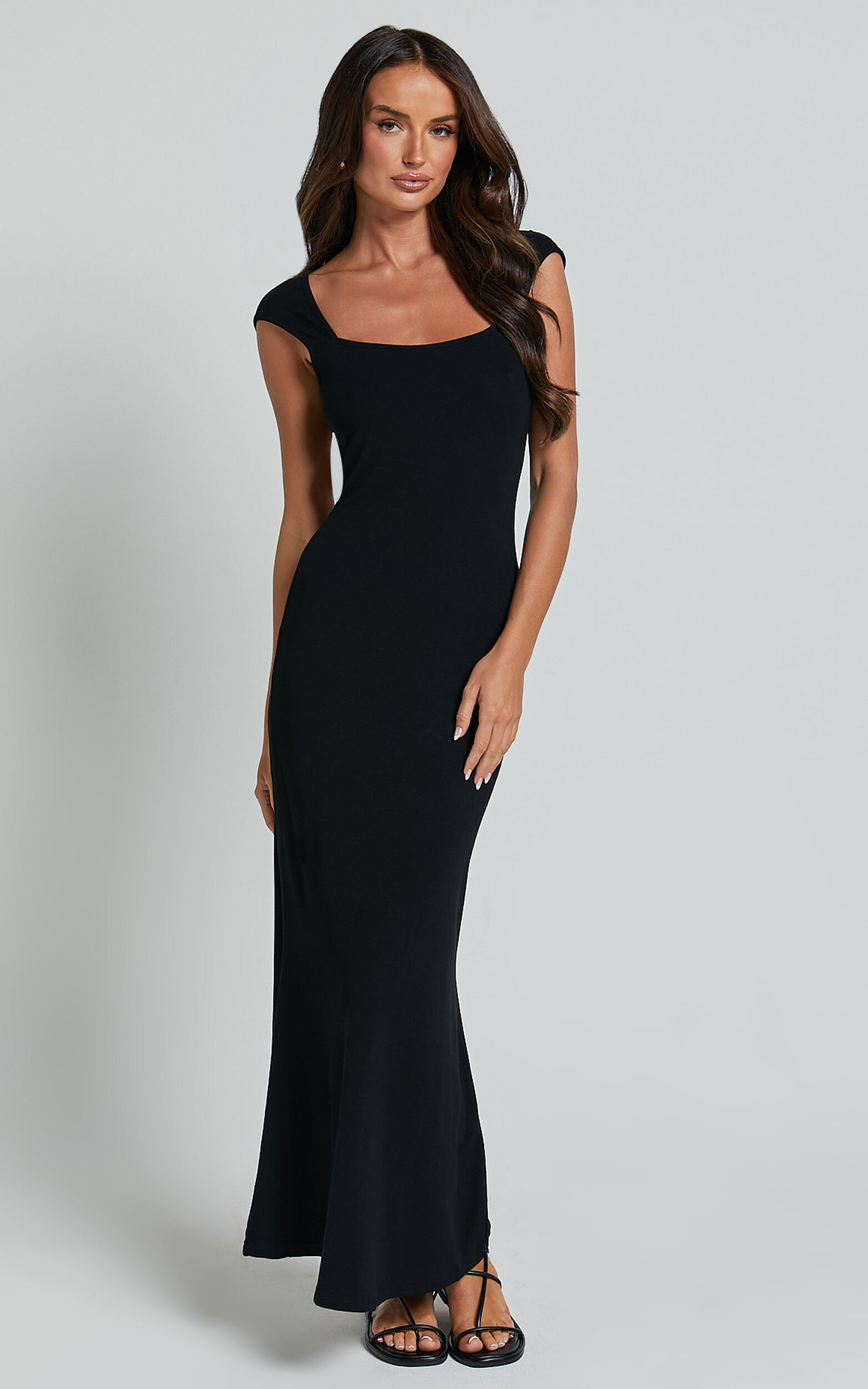 Cherell Midi Dress - Scoop Neck Cap Sleeve Tie Back Bodycon Dress in Black - 06, BLK1