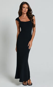 Cherell Midi Dress - Scoop Neck Cap Sleeve Tie Back Bodycon Dress in Black