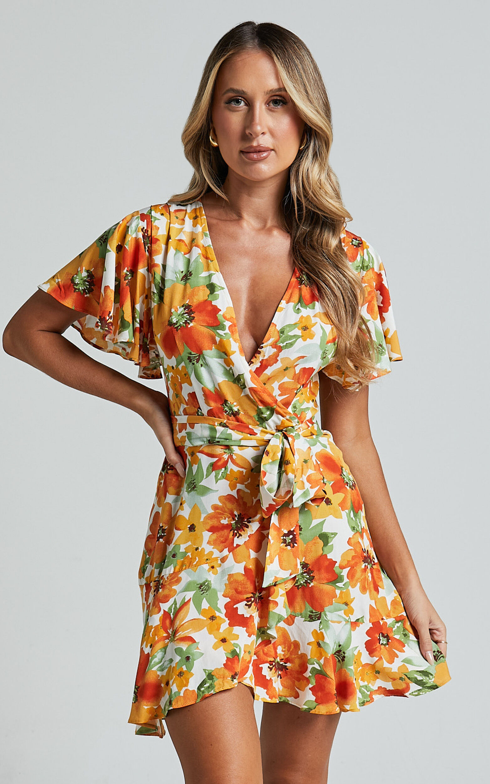 Lilibeth Mini Dress - V Neck Short Flutter Sleeve Ruffle Hem Wrap in Yellow Floral - 06, YEL1
