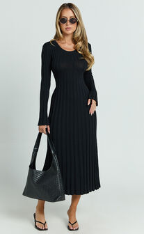 Blaire Midi Dress - Long Sleeve Tie Back Flare Dress in Black