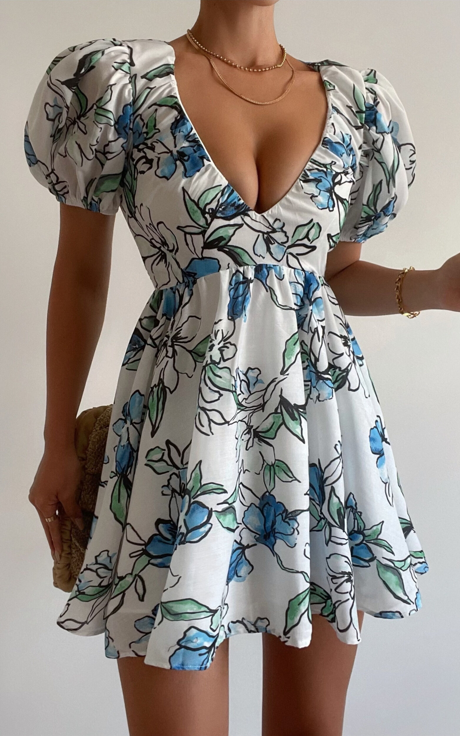 Halter Neck and Puff Sleeves Stylish Floral Dress