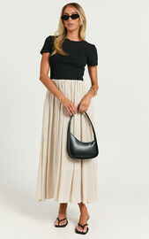 Hermie Midi Dress - Short Sleeve Contrast Dress in Black & Beige | Showpo
