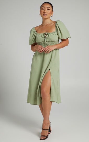 Yanet Midi Dress - Shirred Puff Sleeve Dress in Sage