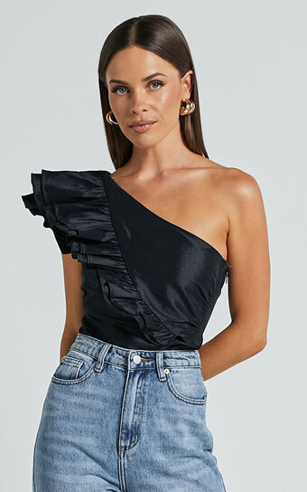 Kirby Top - One Shoulder Frill Top in Black Showpo