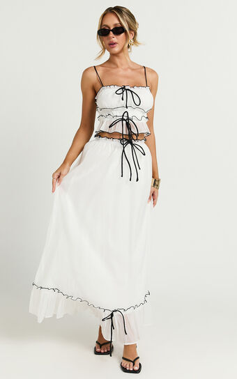 Jaden Maxi Skirt - Gathered Contrast Tie Detail Skirt in Cream