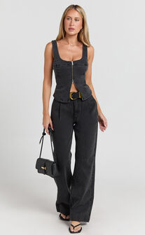 Bellerose Top - Front Zip Denim Fitted Top in Washed Black