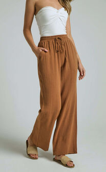 Kala Pants - Mid Waisted Relaxed Elastic Waist Pants in Tobacco
