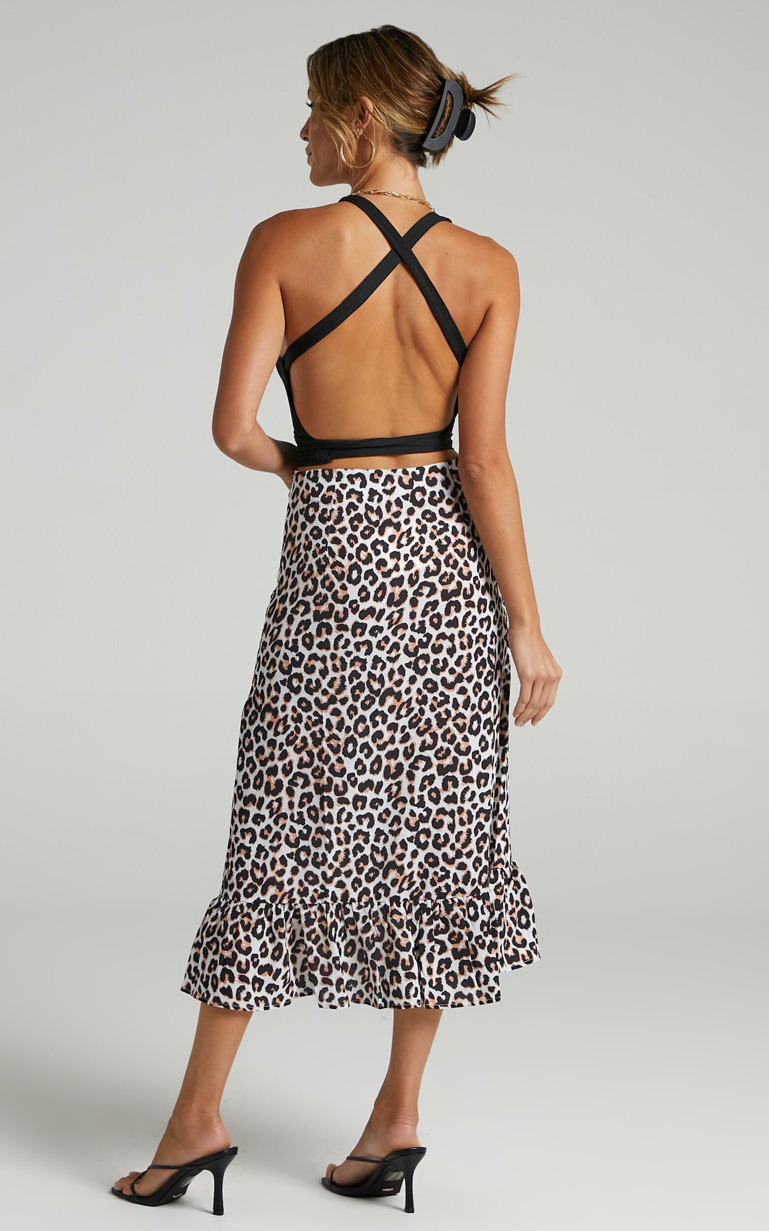 Keep Me Amused Ruffle Midi Skirt In Leopard Print Showpo