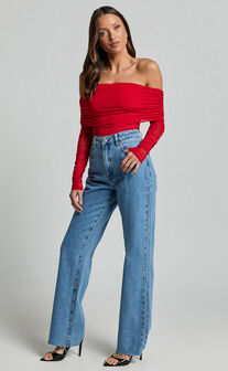 Jaythen Bodysuit - Long Sleeve Off Shoulder Ruched Mesh Bodysuit in Red