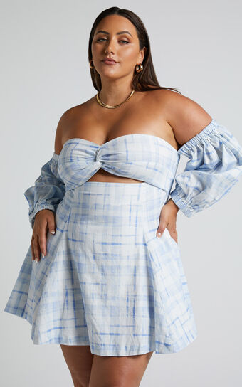 Amalie The Label - Emerita Linen Blend Off Shoulder Puff Sleeve Twist Mini Dress in Chieti Check Blue