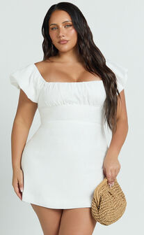 Ginny Mini Dress - Square Neck Ruched Bodice Puff Sleeve Straight Dress in White