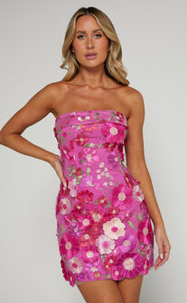 Wren Mini Dress - Strapless Bodycon Garden Flowers Dress in Magenta