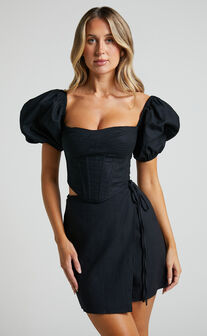 Jackelyn Midi Dress - Puff Sleeve V Neck Dress in Black