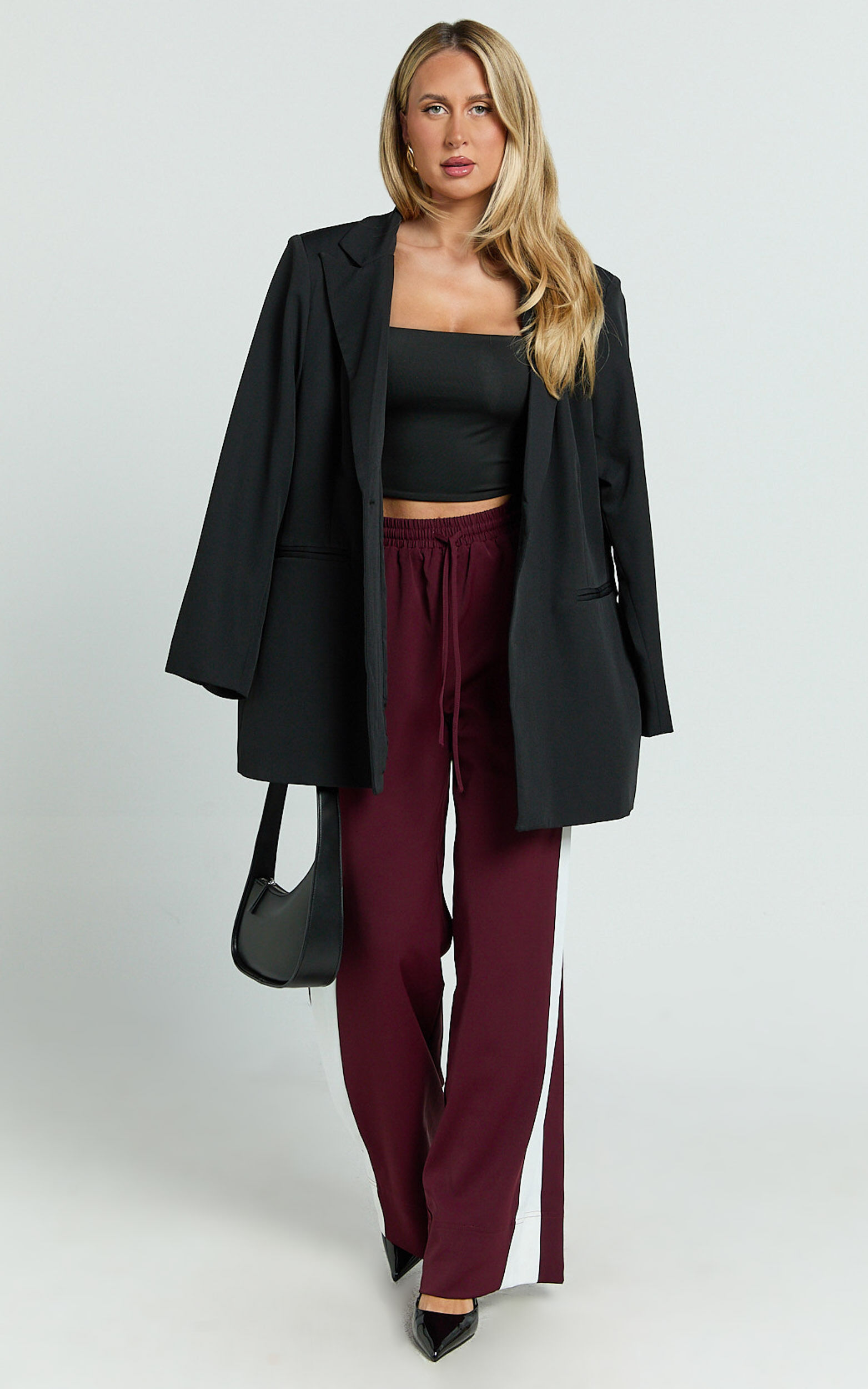 Davi Pants - Drawstring Waist Contrast Panel Tailored Pants in Burgundy - 06, WNE2