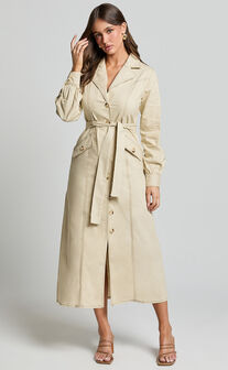 Yelena Midi Dress - Button up Collared Belted Long Sleeve Dress in Natural