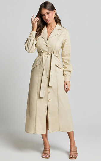Yelena Midi Dress Button up Collared Belted Long Sleeve in Natural No Sale