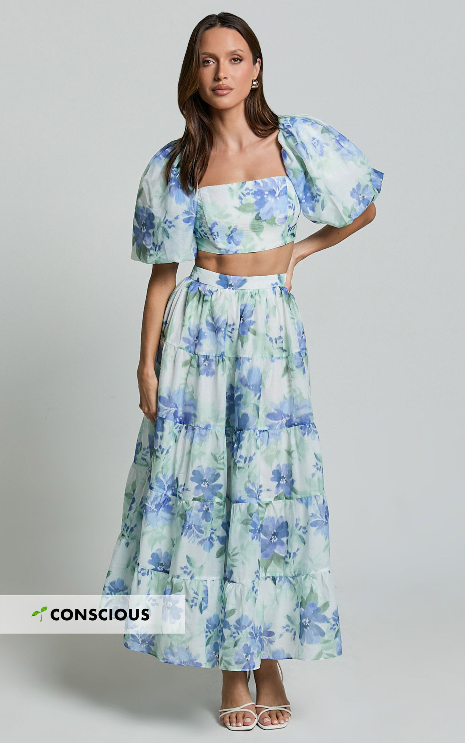 Amalie The Label - Rosa Crop Top and Tiered Maxi Skirt Two Piece Set in Elysian Print - 06, WHT1