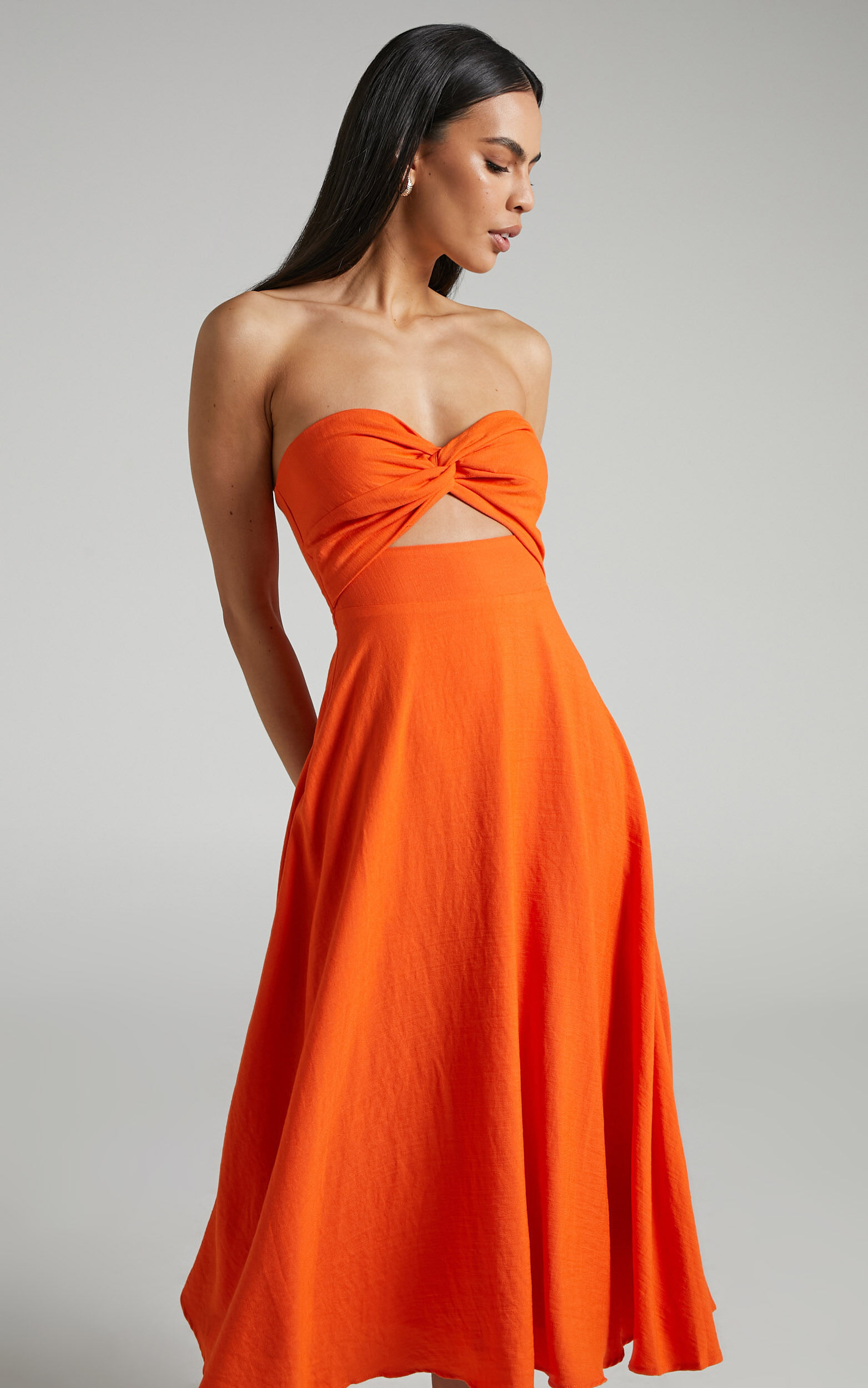 Avie Midi Dress Twist Strapless Cocktail Dress in Orange