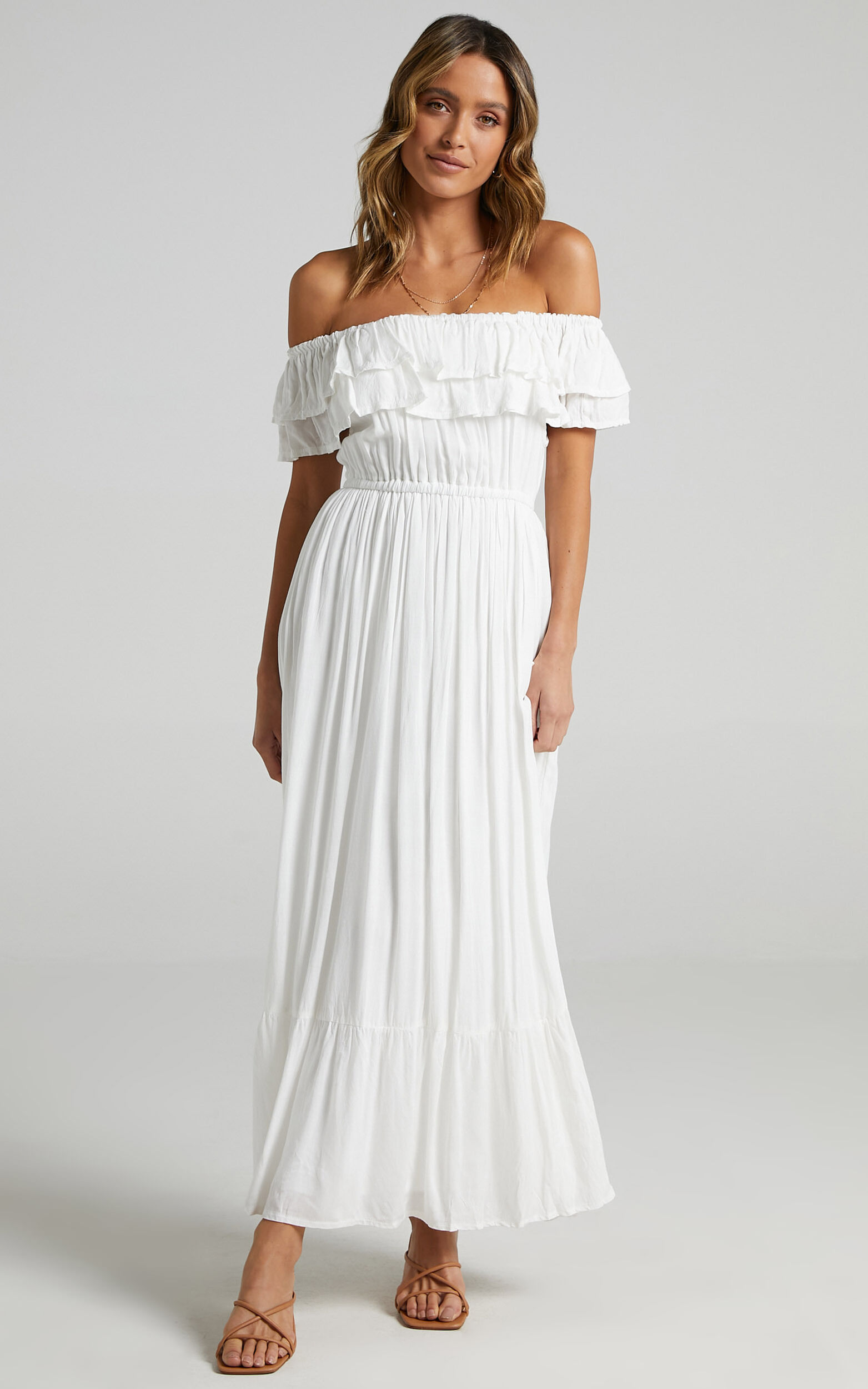 Notre Dame Midi Dress - Off Shoulder Dress in White - 08, WHT6