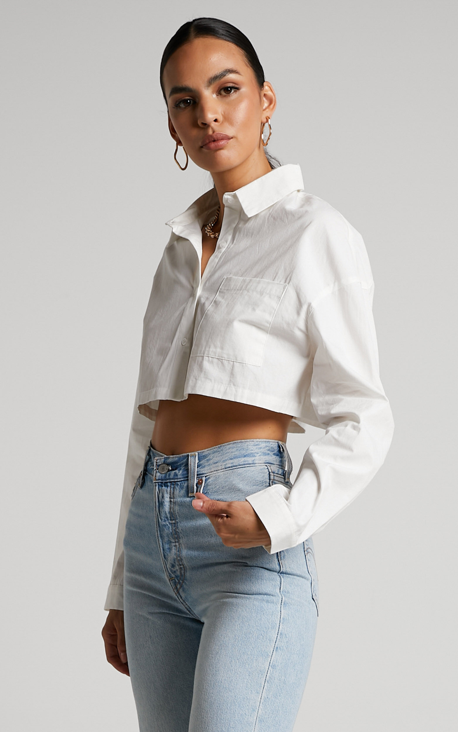 Elenina Top - Button Up Cropped Shirt in White