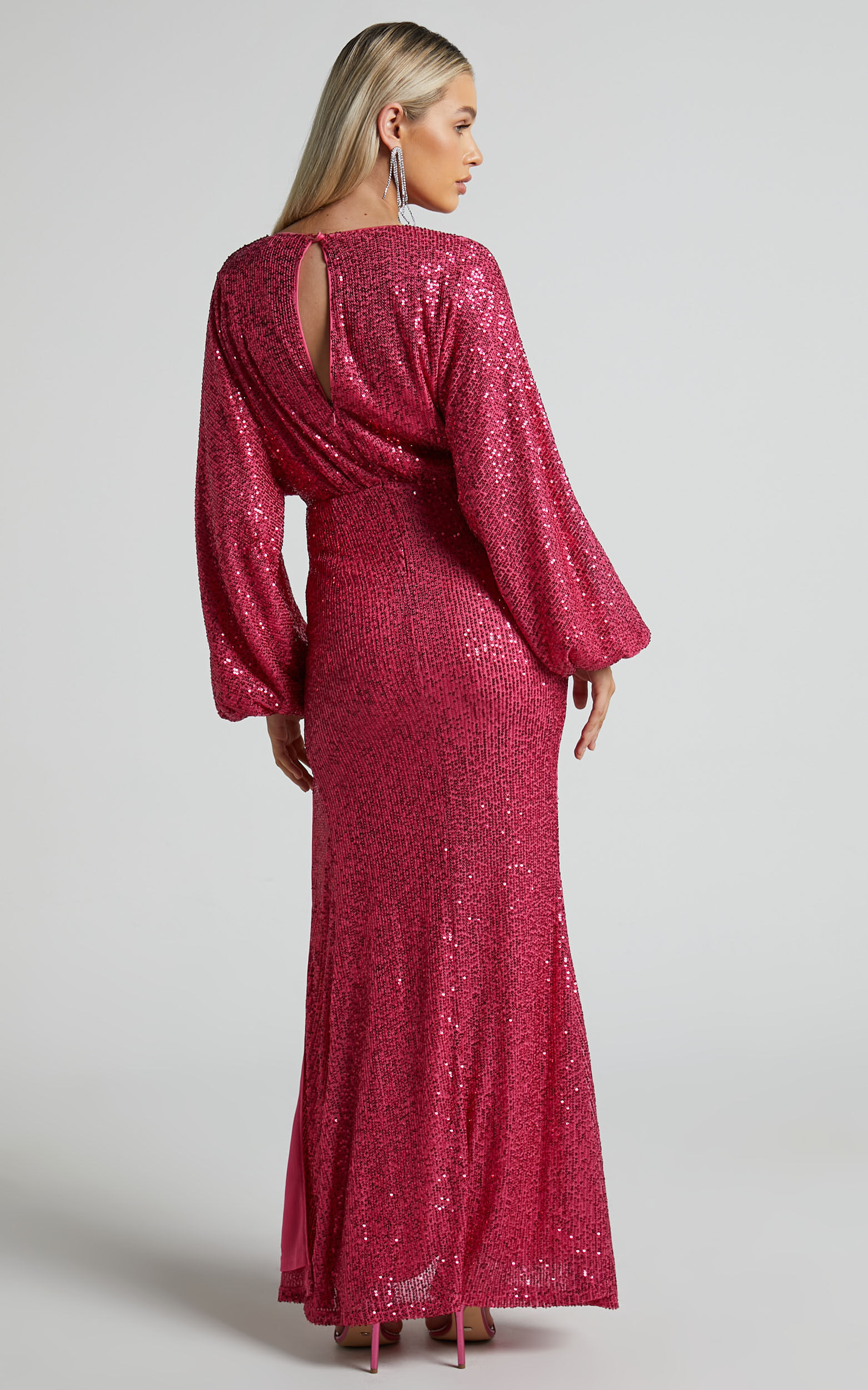 Arlington Midi Dress Sequin Long Sleeve Dress in Hot Pink Showpo