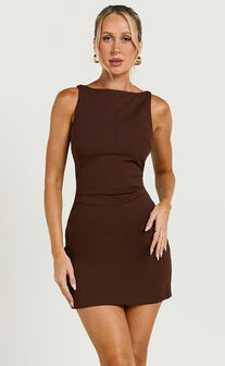 Bindi Boat Neck Bodycon Mini Dress in Chocolate