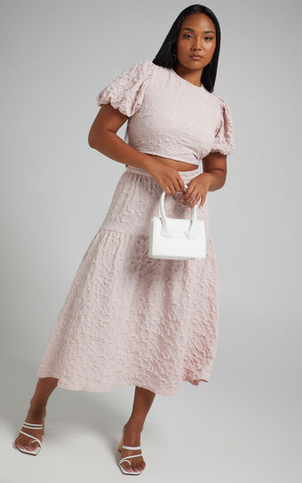 Leila Two Piece Set - Puff Sleeve Top and Midi Skirt Set in Pink