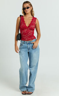 Antonia Top - V Neck Lace Detail Top in Dark Red