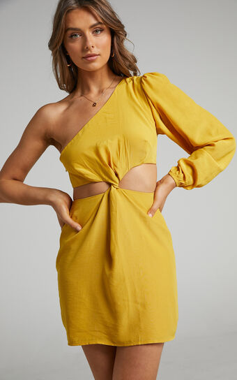 Glannica One Shoulder Mini Dress with Twist Front in Yellow