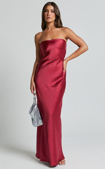 Charlita Maxi Dress - Strapless Cowl Back Satin Dress in Berry