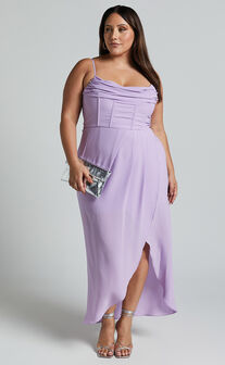 Andrina Midi Dress - High Low Wrap Corset Dress in Lilac