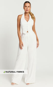 Linette Jumpsuit - Halter Neck Button Through Vest Tailored Wide Leg Jumpsuit in White