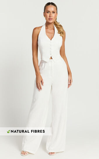 Linette Jumpsuit - Halter Neck Button Through Vest Tailored Wide Leg Jumpsuit in White