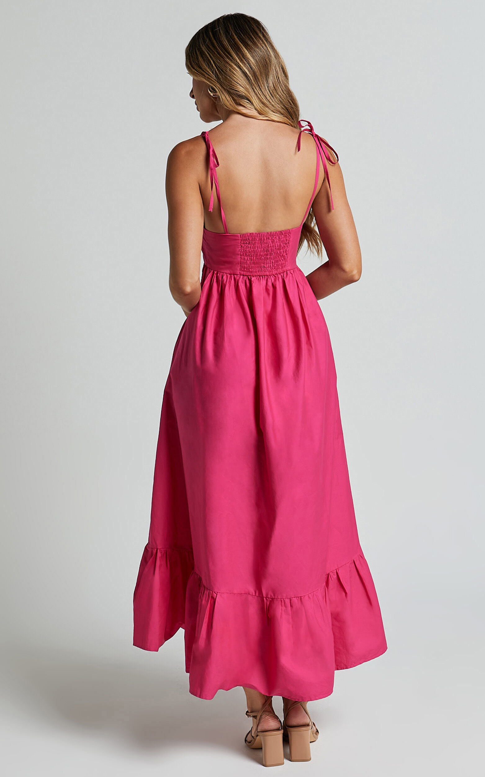 Aveiro Midi Dress - Straight Neck Shoulder Tie High Low Ruffle Hem in ...