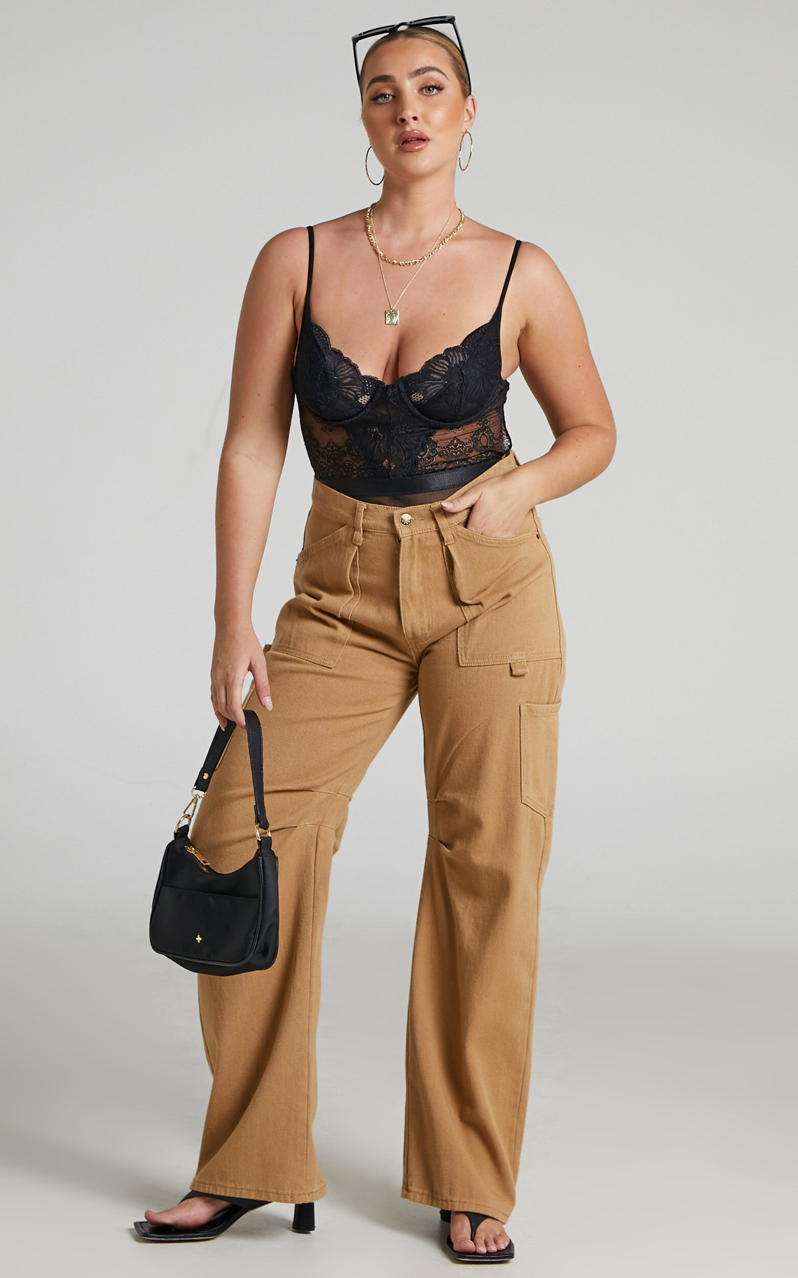 Lace bodysuit and cargo pants on sale