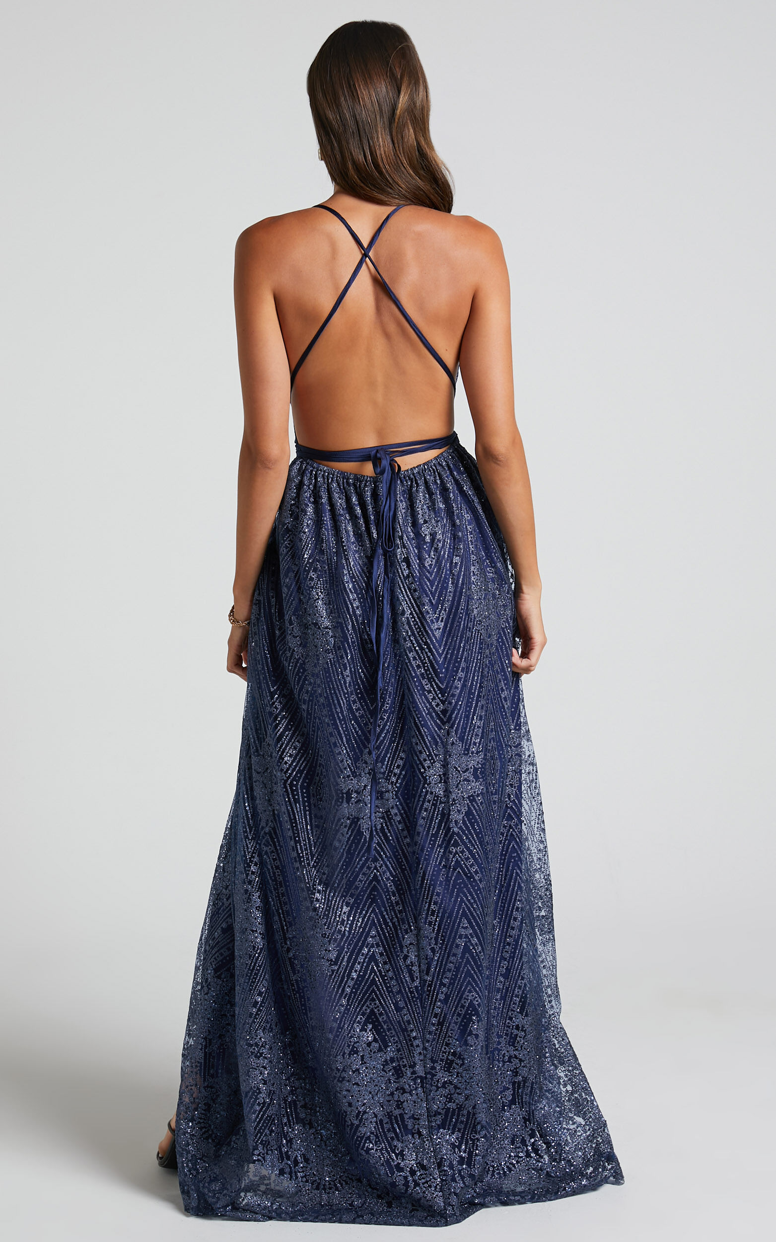 New York Nights Maxi Dress Sequin Plunge Cross Back Dress in Navy Showpo EU