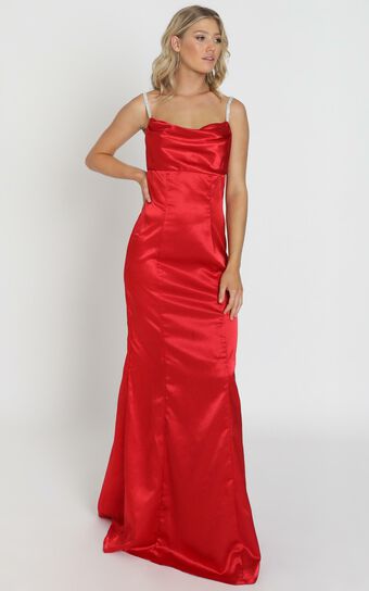 Alysha Diamante Strap Maxi Dress In Red Satin