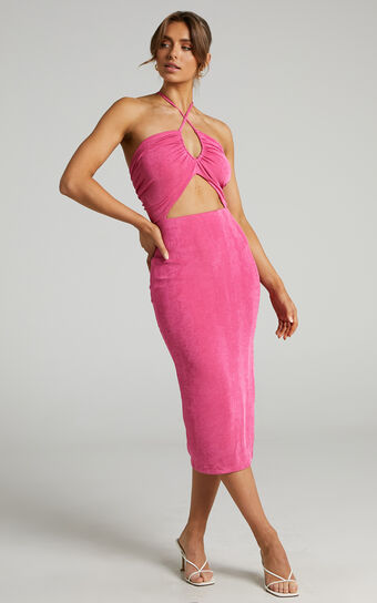 Bamba Cross Front Cut Out Midi Dress in Hot Pink