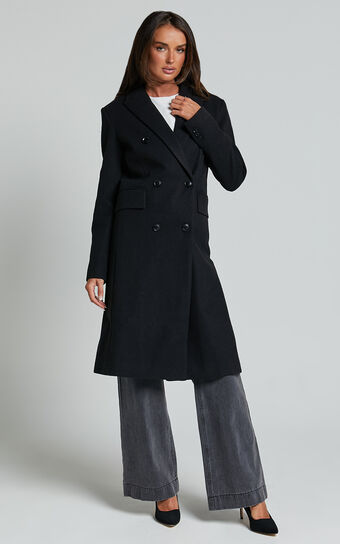 Charlotte Coat - Double Breasted Long Line Coat in Black Showpo