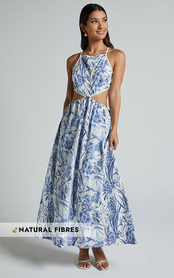Maenerva Midi Dress - Sleeveless Straight Neck Cut Out Dress in Blue Floral