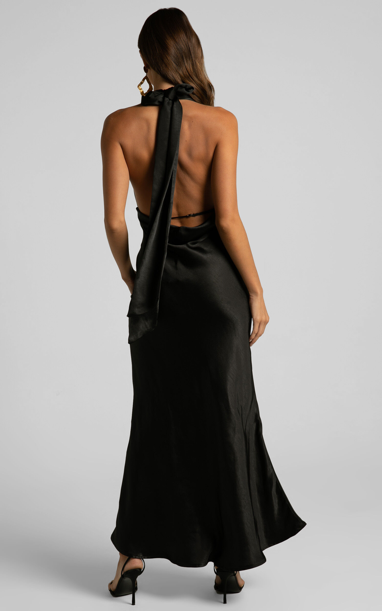 Aiyana Midi Dress - Halter Neck Satin Dress in Black