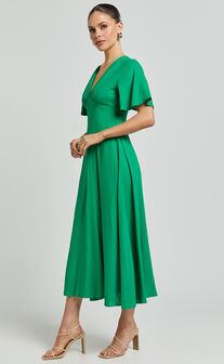Dakota Midi Dress - Linen Look Flutter Sleeve A Line Dress in Green
