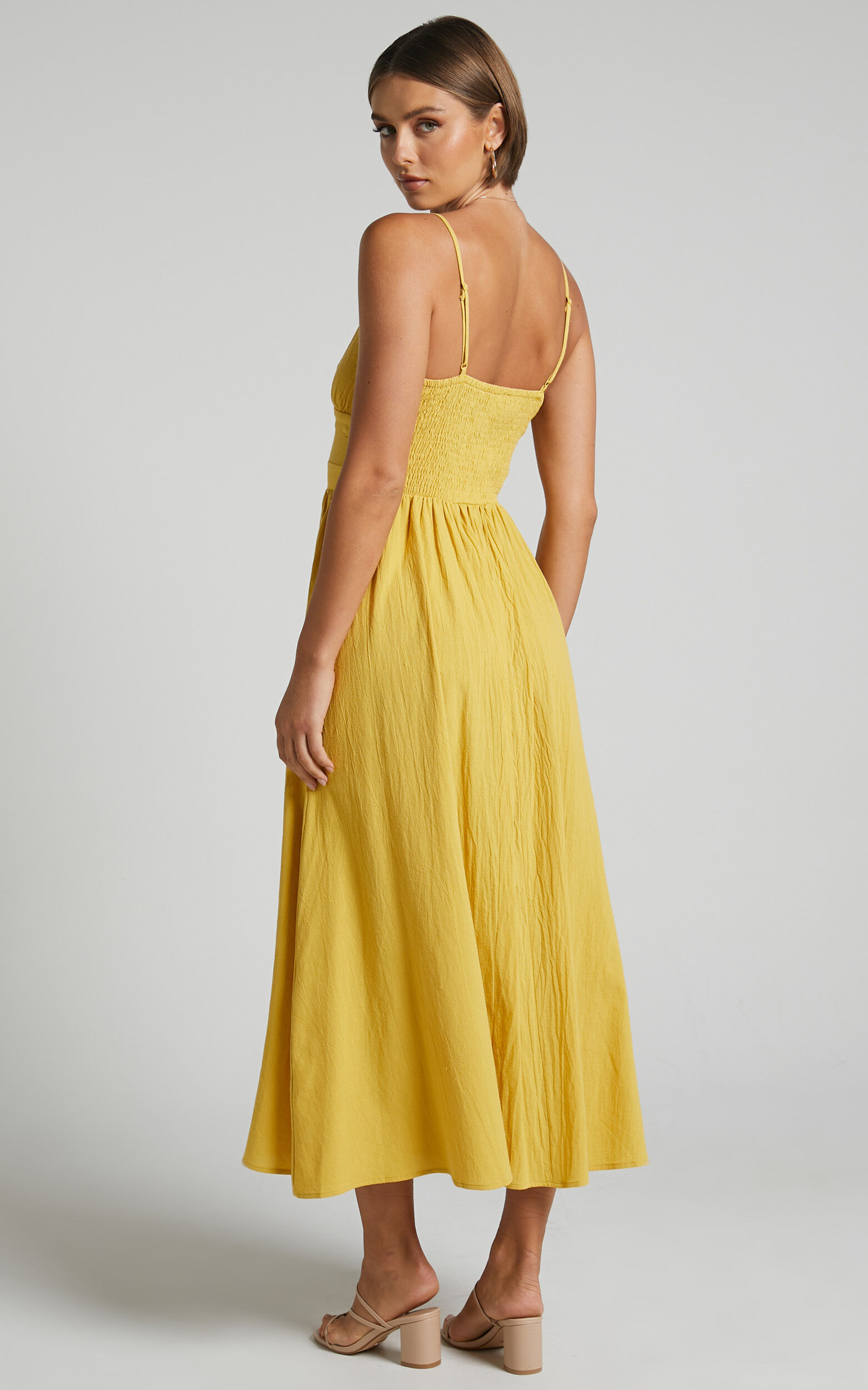 Roskana Midi Dress Plunge Fit and Flare Dress in Mustard Showpo