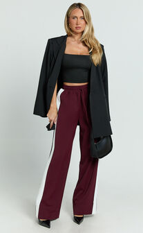 Davi Pants - Drawstring Waist Contrast Panel Tailored Pants in Burgundy