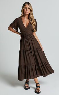 Cryzel Midi Dress - Flutter Sleeve Tiered Dress in Chocolate