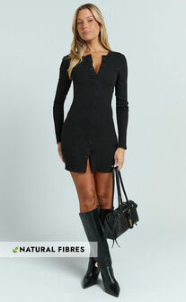 Nikola Mini Dress - Long Sleeve Placket Front Bodycon Dress in Black