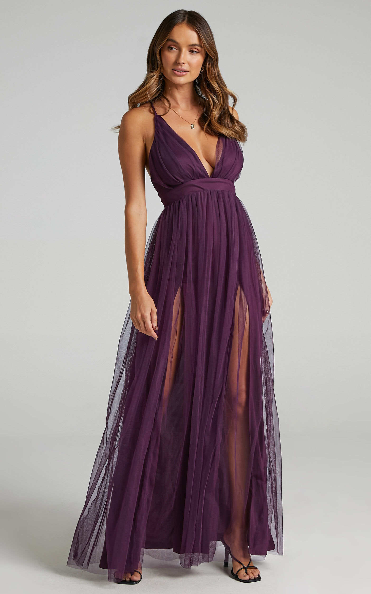 Like A Vision Midi Dress - Plunge Thigh Split Dress in Aubergine Tulle - 04, PRP4